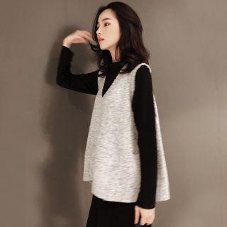 Set: Side Slit Long-sleeve Midi Dress + Pocket Detail Knit Vest