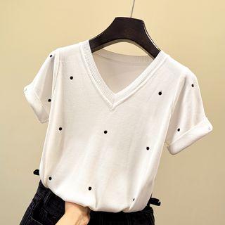 Short-sleeve Dotted V-neck Knit Top