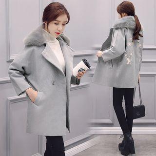 Flower Embroidered Furry Trim Notch Lapel Coat