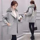 Flower Embroidered Furry Trim Notch Lapel Coat