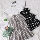 Set: Lace-trim T-shirt + Layered Dotted Skirt