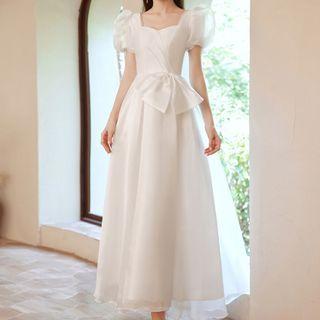 Puff-sleeve Beaded Mesh Panel A-line Midi Evening Gown