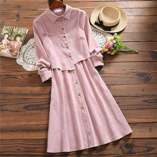 Mock Two-piece Long-sleeve Midi A-line Corduroy Shirtdress
