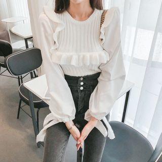 Strappy-cuff Frilled Ribbed Sweater