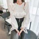 Strappy-cuff Frilled Ribbed Sweater