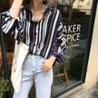 Color-block Striped Long-sleeve Loose-fit Chiffon Shirt White - One Size