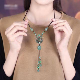Retro Faux Gemstone Pendant String Necklace Black & Green - One Size