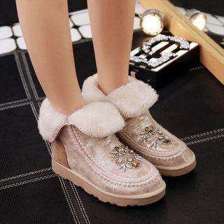 Genuine Leather Jeweled Ankle Snow Boots