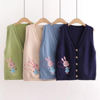 Rabbit Embroidered Buttoned Knit Vest