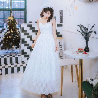 Spaghetti Strap Fringed A-line Maxi Dress