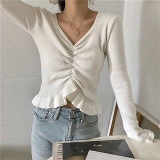 Ruffle Trim V-neck Long-sleeve Knit Top