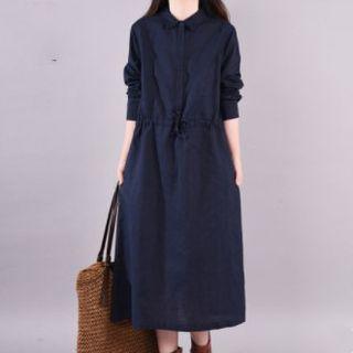 Tie Waist Midi Long-sleeve Collared Dress