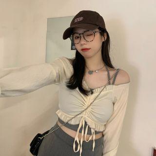 Set: Strappy Cropped Camisole Top + Off-shoulder Drawstring Cropped Blouse