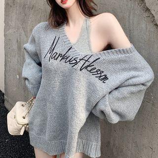 Halter-neck Knit Tank Top / Lettering V-neck Sweater