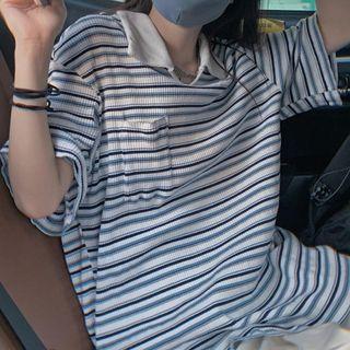 Short-sleeve Striped Ribbed Polo Shirt