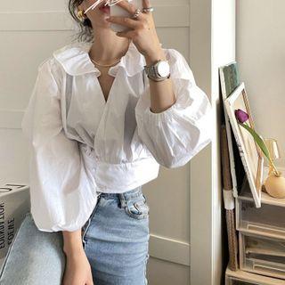 Long-sleeve Ruffled Cropped Blouse White - One Size