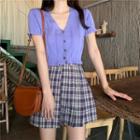 Short-sleeve Knit Cardigan / Asymmetrical Plaid Mini Skirt