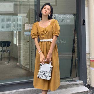 Puff-sleeve Shirred Midi A-line Dress Tangerine - One Size