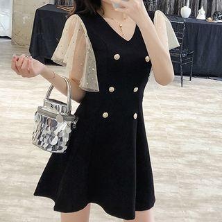 Mesh-sleeve Double-breasted A-line Mini Dress