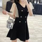 Mesh-sleeve Double-breasted A-line Mini Dress