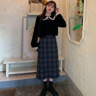 Crochet Trim Velvet Blouse / Plaid Midi A-line Skirt