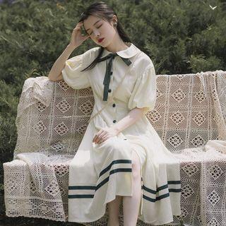 Striped Bow Detail Puff-sleeve Midi A-line Dress