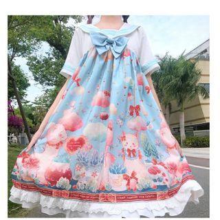 Sailor Collar Printed Elbow-sleeve A-line Dress