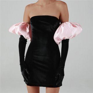 Set: Strapless Mini Bodycon Dress + Puffy Long Gloves
