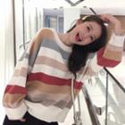 Color Block Striped Knit Top Stripes - Gray & Khaki & Red - One Size