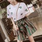 Set: Embroidered Short-sleeve T-shirt + Wide-leg Shorts