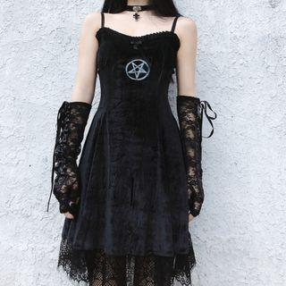 Spaghetti Strap Velvet Lace Trim A-line Dress