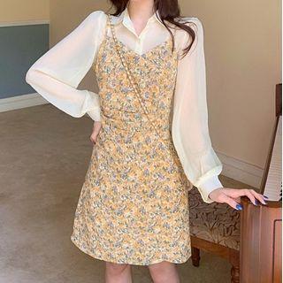Balloon-sleeve Shirt / Spaghetti Strap Floral Print A-line Dress