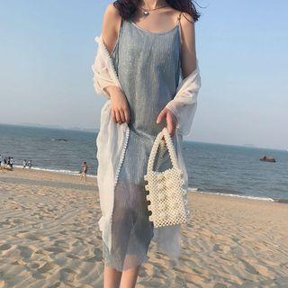 Open-front Long Jacket / Plain Midi Spaghetti Strap Dress