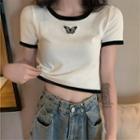 Short-sleeve Butterfly Embroidered Knit Top White - One Size