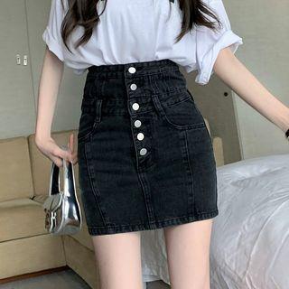 High-waist Half-button A-line Denim Mini Skirt