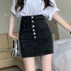 High-waist Half-button A-line Denim Mini Skirt