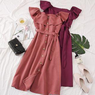 Boatneck Ruffled-trim Shirtdress With Sash