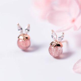 925 Sterling Silver Rhinestone & Bead Rabbit Earring 1 Pair - S925 Silver Stud - Pink & Rose Gold - One Size