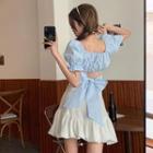 Puff-sleeve Ribbon Cropped Blouse / Mini A-line Skirt