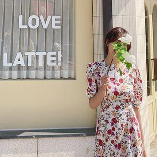 Puff-sleeve Tie-waist Floral Print Dress Ivory - One Size