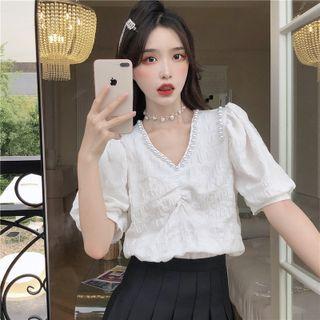 Puff-sleeve Faux Pearl Shirred Blouse