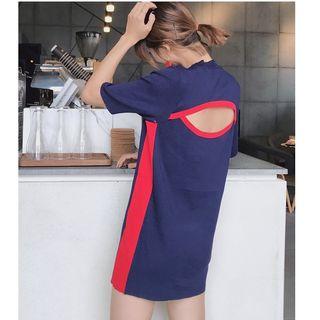 Contrast Trim Open Back Short Sleeve Knit Dress