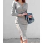 Slit-side Slim-fit Midi Henley Dress