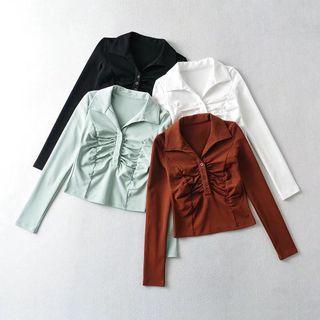 Long-sleeve Polo-neck Shirred Top