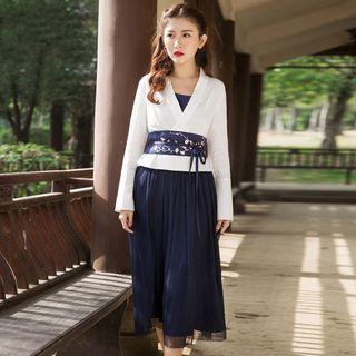 Set: Long-sleeve Gather-waist Top + Sleeveless Midi Dress
