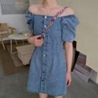 Puff-sleeve Mini A-line Denim Dress