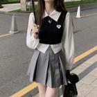Mock Two-piece Shirt / Pleated Mini A-line Skirt