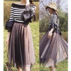 Bell-sleeve Stripe Top / Mesh Midi Skirt