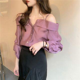 Cold Shoulder Shirt / Slit Midi A-line Skirt