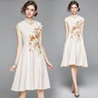 Cap-sleeve Embellished Midi A-line Dress